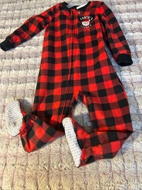 Carter's Red and Black Buffalo Plaid Fleece One-Piece Footed   Pajama size 3T